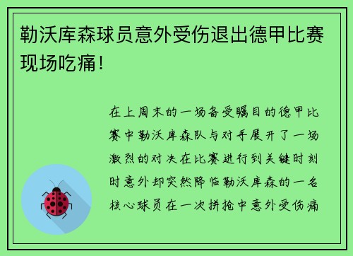 勒沃库森球员意外受伤退出德甲比赛现场吃痛！