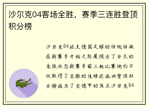 沙尔克04客场全胜，赛季三连胜登顶积分榜